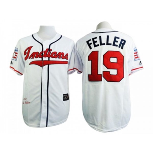 Cleveland Indians #19 Bob Feller White Throwback Jersey