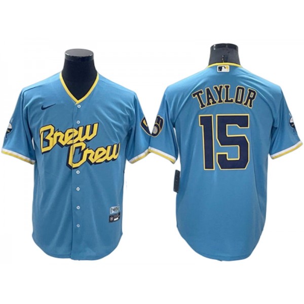 Milwaukee Brewers #15 Tyrone Taylor Powder Blue 2022 City Connect Cool Base Jersey