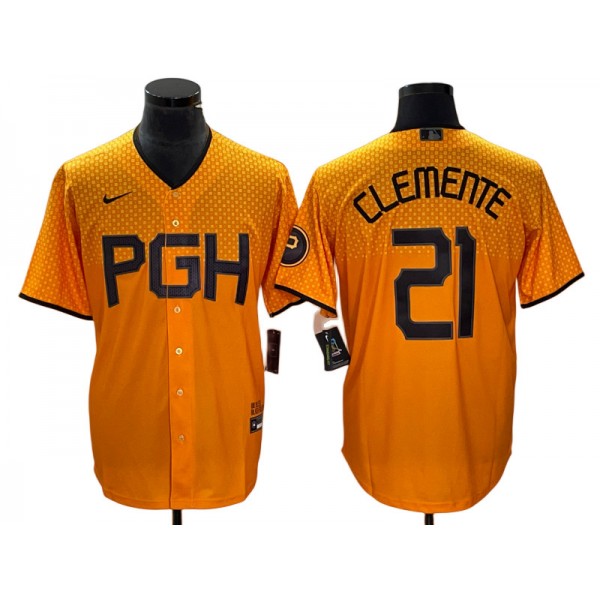 Pittsburgh Pirates #21 Roberto Clemente Gold City Connect Jersey