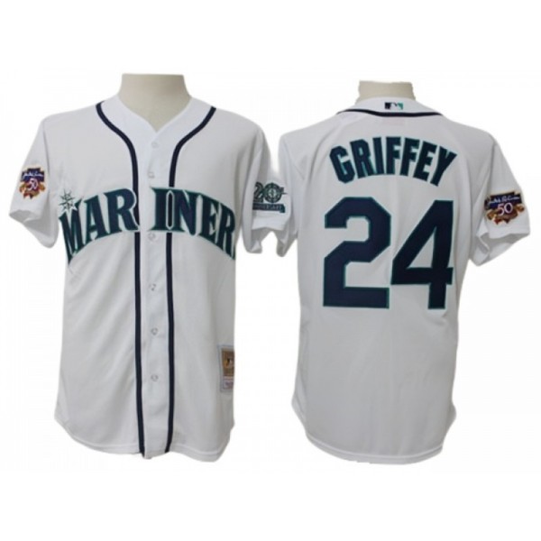 Seattle Mariners #24 Ken Griffey Jr. White 1997 Throwback Jersey