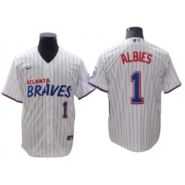 Atlanta Braves #1 Ozzie Albies White Pinstripe Cool Base Jersey