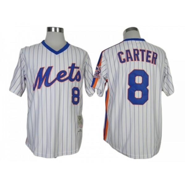 New York Mets #8 Gary Carter White Pinstripe Throwback Jersey