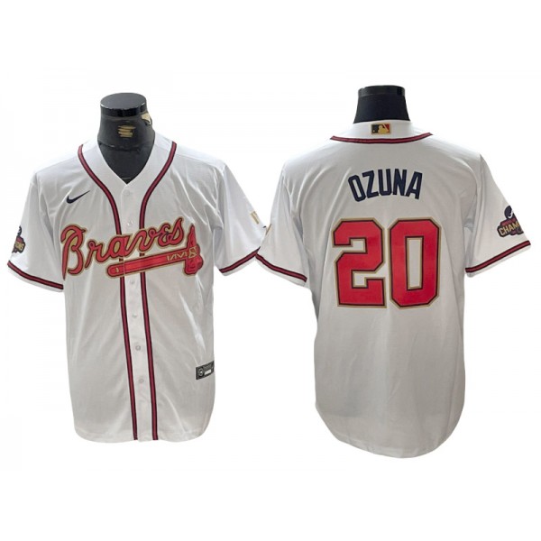 Atlanta Braves #20 Marcell Ozuna White 2022 Gold Program Cool Base Jersey