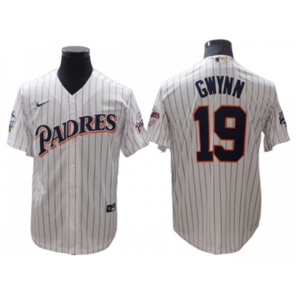 San Diego Padres #19 Tony Gwynn Vintage White Pinstripe 1998 World Series Patch Jersey