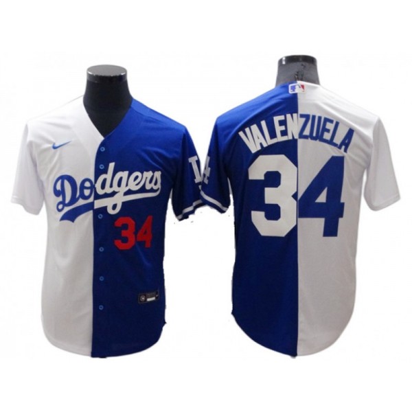 Los Angeles Dodgers #34 Fernando Valenzuela Royal/White Split Jersey