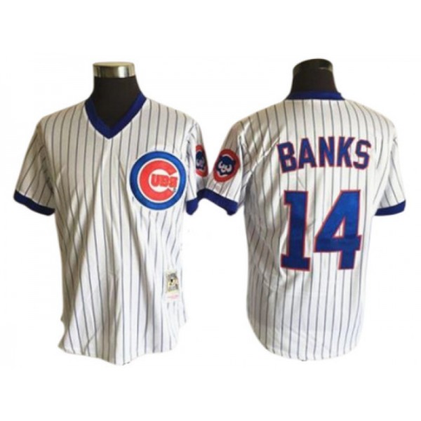 Chicago Cubs #14 Ernie Banks White Pinstripe Throwbacks Jersey