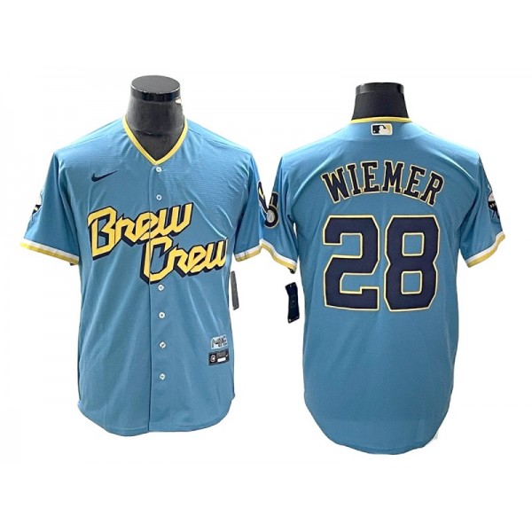 Milwaukee Brewers #28 Joey Wiemer Powder Blue 2022 City Connect Cool Base Jersey