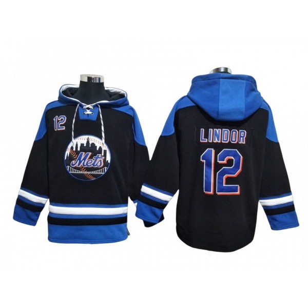 New York Mets #12 Francisco Lindor Black Pullover Hoodie Jersey