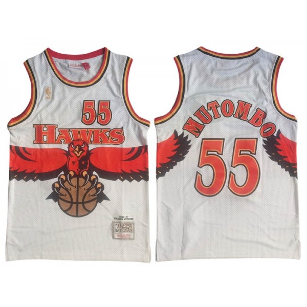 Atlanta Hawks #55 Dikembe Mutombo White Hardwood Classics Jersey