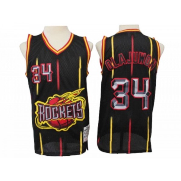 Houston Rockets #34 Hakeem Olajuwon Black Rings Collection Hardwood Classics Jersey