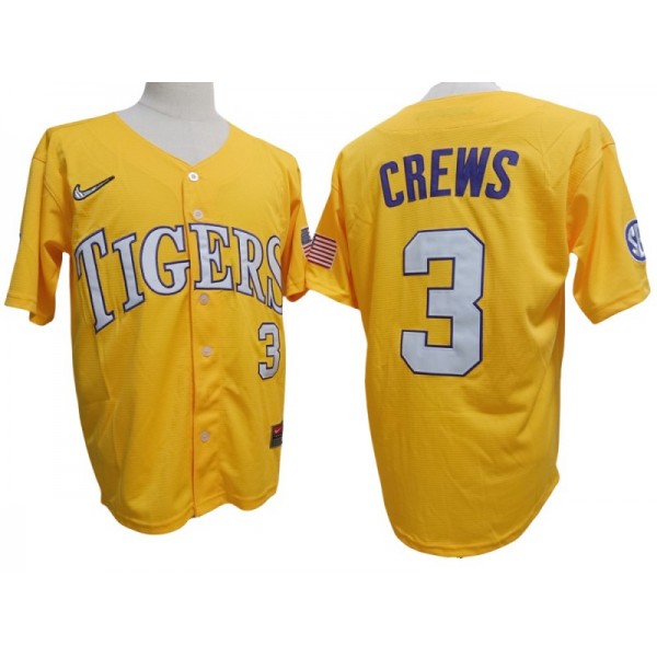 LSU Tigers #3 Dylan Crews Yellow Baseball Jersey