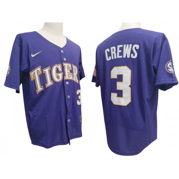 LSU Tigers #3 Dylan Crews Purple Baseball Jersey