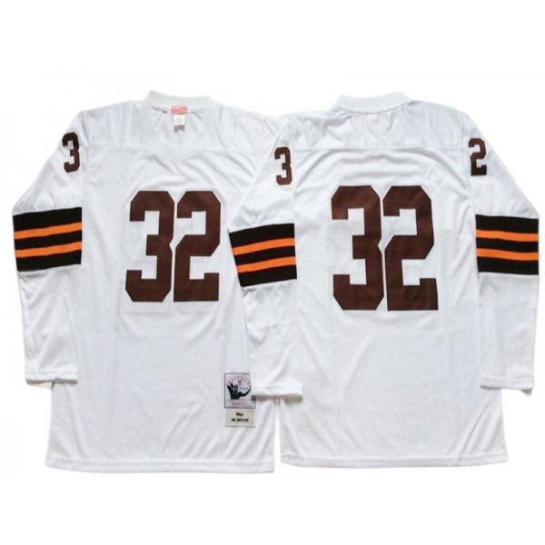 Cleveland Browns #32 Jim Brown 1964 Throwback White Long Sleeve Jersey