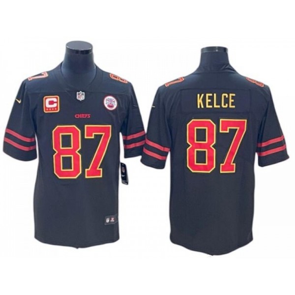 Kansas City Chiefs #87 Travis Kelce Black Gold C Patch Vapor Limited Jersey