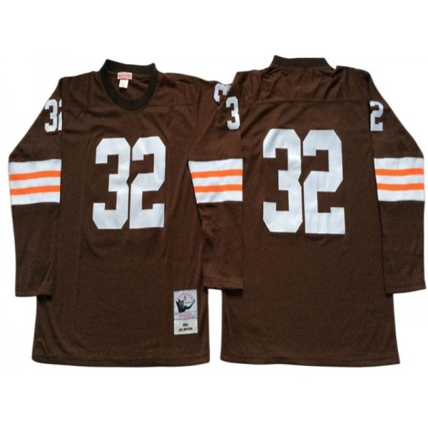 Cleveland Browns #32 Jim Brown 1964 Throwback Brown Long Sleeve Jersey