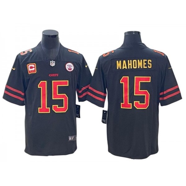 Kansas City Chiefs #15 Patrick Mahomes Black Gold C Patch Vapor Limited Jersey