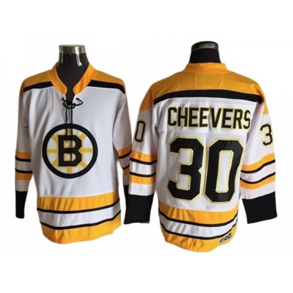 Boston Bruins #30 Gerry Cheevers White Vintage CCM Jersey