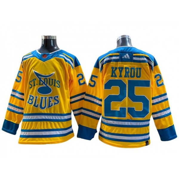 St. Louis Blues #25 Jordan Kyrou Yellow Reverse Retro 2.0 Jersey