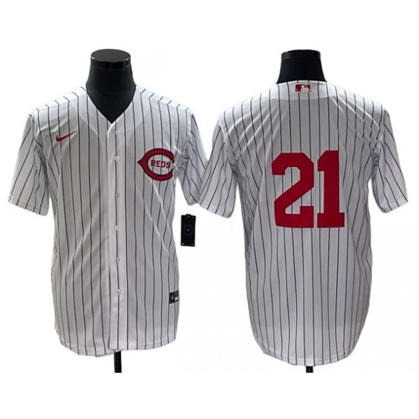 Cincinnati Reds #21 Reggie Sanders Vintage White Pinstripe Jersey