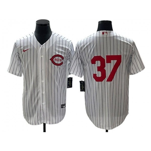 Cincinnati Reds #37 Tyler Stephenson Vintage White Pinstripe Jersey