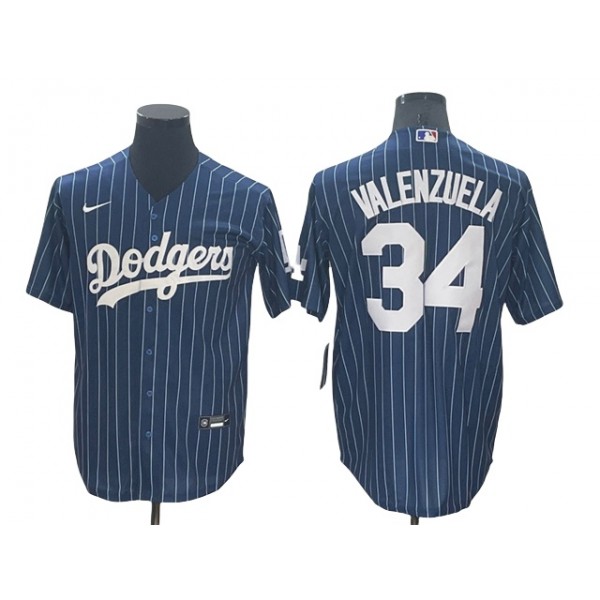 Los Angeles Dodgers #34 Fernando Valenzuela Blue Pinstripe Cool Base Jersey