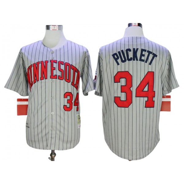 Minnesota Twins #34 Kirby Puckett Gray 1987 Throwback Pinstripe Jersey