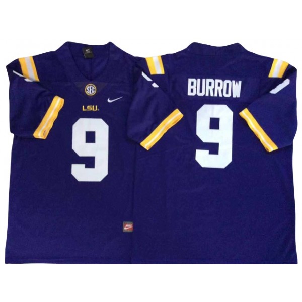 NCAA LSU Tigers #9  Joe Burrow Purple College Football Jersey