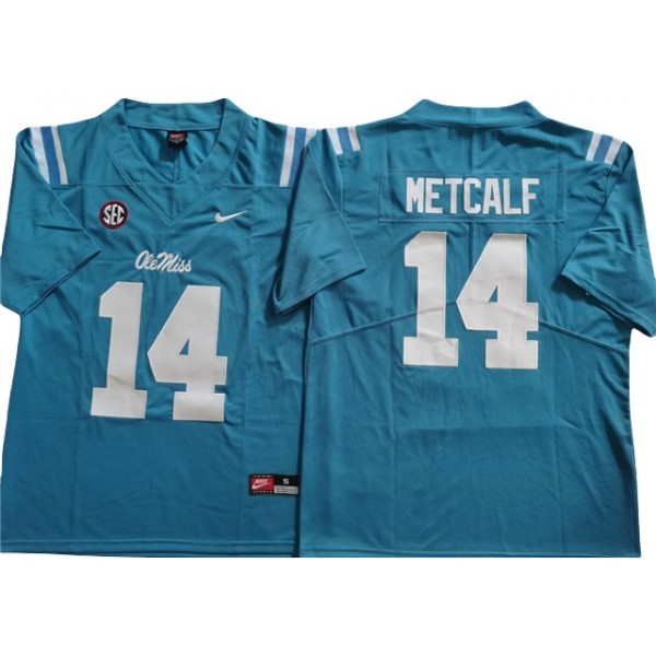 NCAA Ole Miss Rebels #14 DK Metcalf Light Blue College Football Jersey