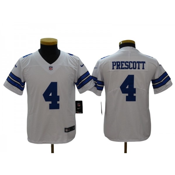 Dallas Cowboys #4 Dak Prescott Youth White Vapor Limited Jersey