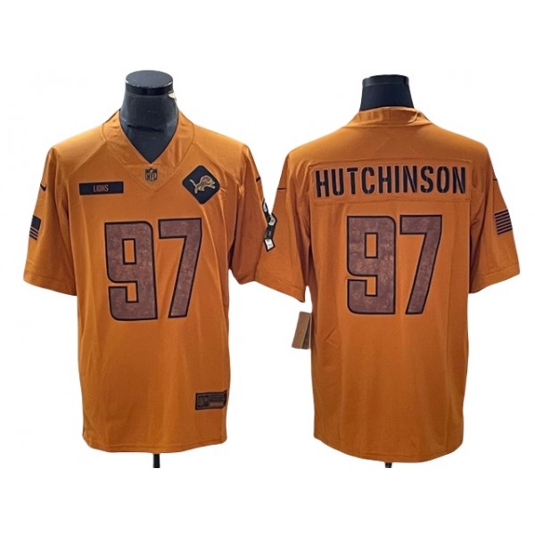 Detroit Lions #97 Aidan Hutchinson 2023 Brown Salute To Service Limited Jersey