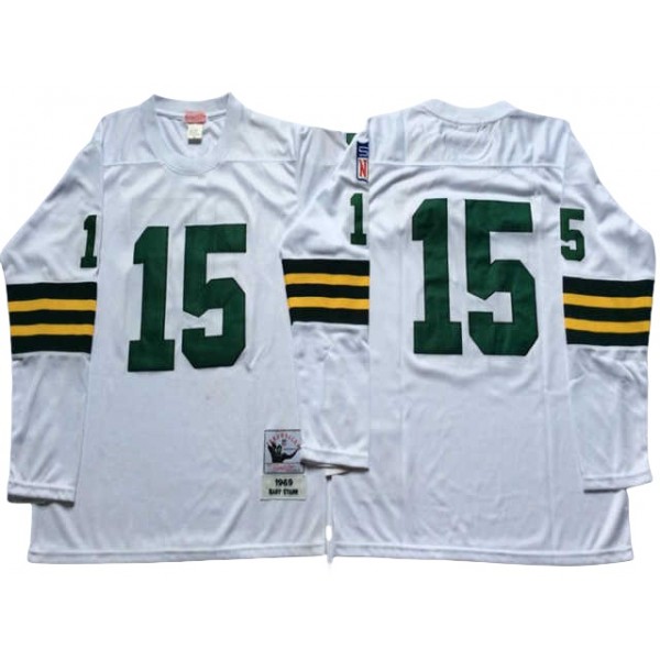 Green Bay Packers #15 Bart Starr 1969 Throwback White Long Sleeve Jersey