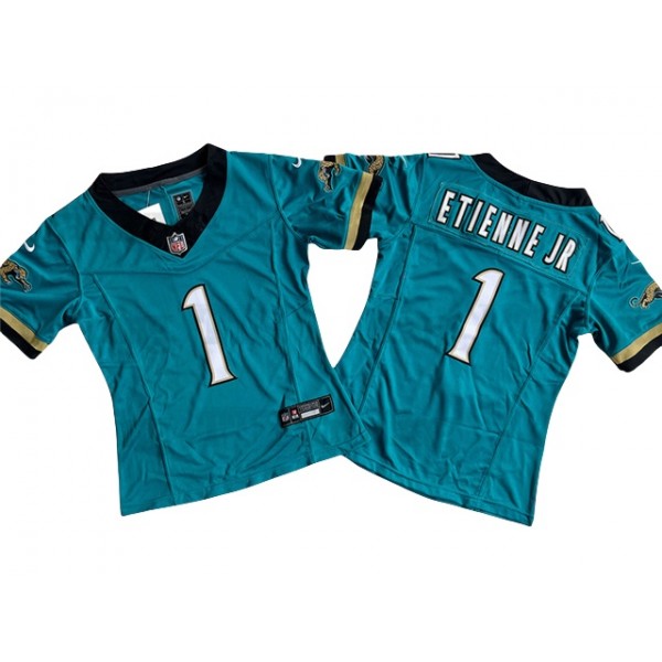 Jacksonville Jaguars #1 Travis Etienne Women's Teal Prowler Throwback Vapor F.U.S.E. Limited Jersey