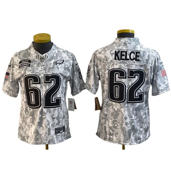 Philadelphia Eagles #62 Jason Kelce Women's Arctic Camo 2024 Salute To Service Limited Jersey