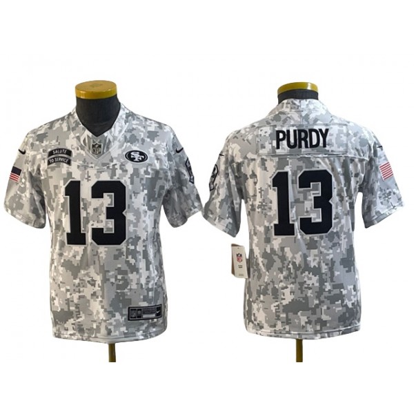 San Francisco 49ers #13 Brock Purdy Youth Arctic Camo 2024 Salute To Service Limited Jersey