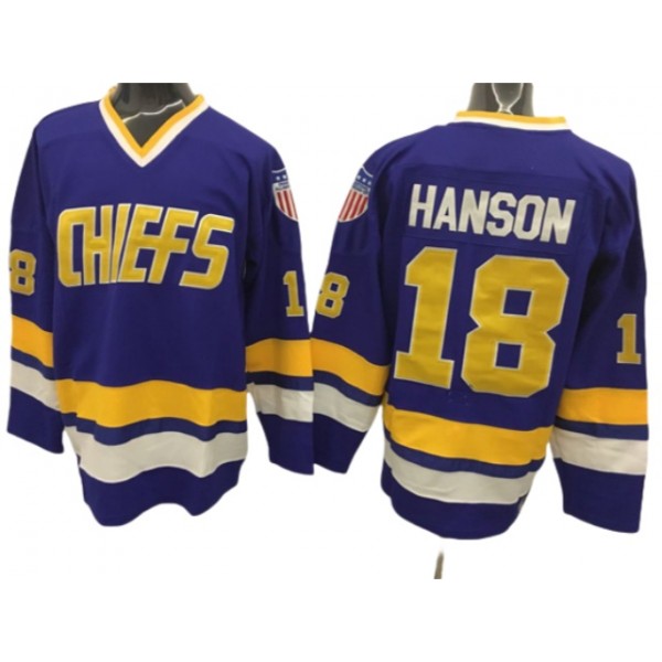 Slap Shot Charlestown Chiefs #18 Jeff Hanson Blue Movie Hockey Jersey