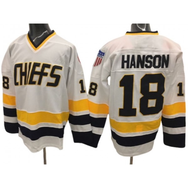 Slap Shot Charlestown Chiefs #18 Jeff Hanson White Movie Hockey Jersey