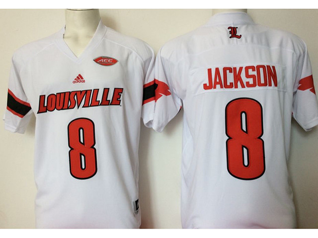 NCAA Louisville Cardinals #8 Lamar Jackson White College Football Jersey - Click Image to Close