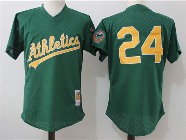 Oakland Athletics #24 Rickey Henderson 1998 Throwback Green Cooperstown Mesh Batting Practice Jersey - Click Image to Close