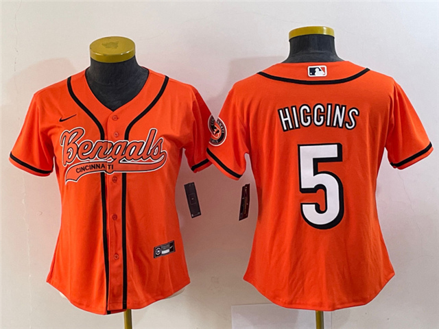 Womens Cincinnati Bengals #5 Tee Higgins Orange Baseball Jersey - Click Image to Close