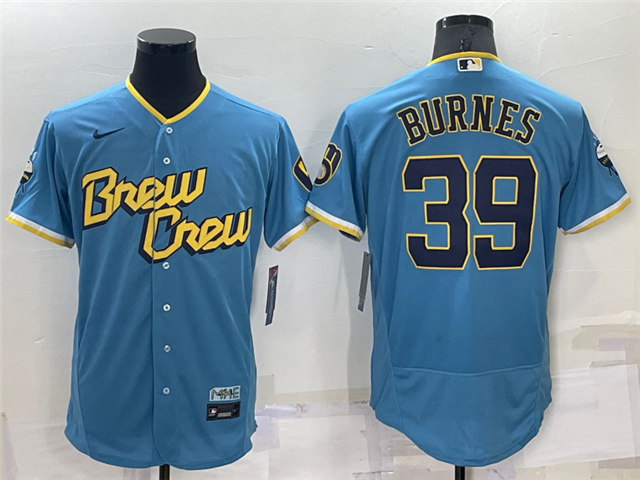 Milwaukee Brewers #39 Corbin Burnes Powder Blue 2022 City Connect Flex Base Jersey - Click Image to Close