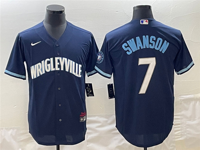 Chicago Cubs #7 Dansby Swanson Navy City Connect Cool Base Jersey - Click Image to Close