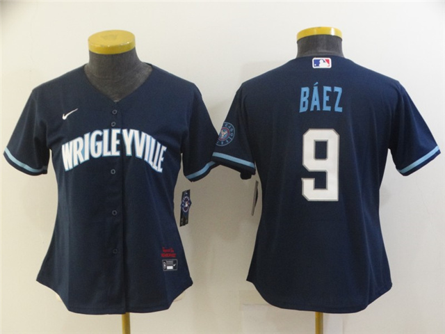 Women's Chicago Cubs #9 Javier Baez Navy 2021 City Connect Cool Base Jersey - Click Image to Close