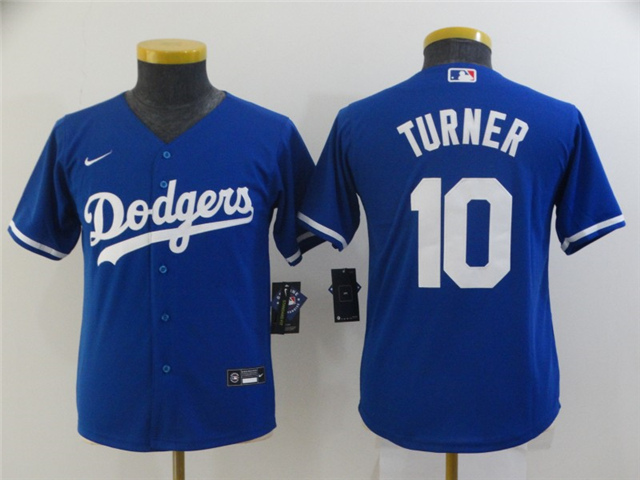 Youth Los Angeles Dodgers #10 Justin Turner Royal Blue Cool Base Jersey - Click Image to Close