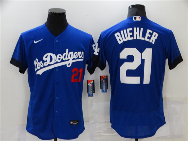 Los Angeles Dodgers #21 Walker Buehler Royal Blue 2021 City Connect Flex Base Jersey - Click Image to Close