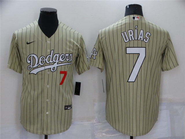 Los Angeles Dodgers #7 Julio Urias Gold Pinstripe Cool Base Jersey - Click Image to Close
