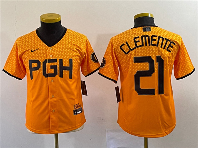 Youth Pittsburgh Pirates #21 Roberto Clemente Gold 2023 City Connect Jersey - Click Image to Close
