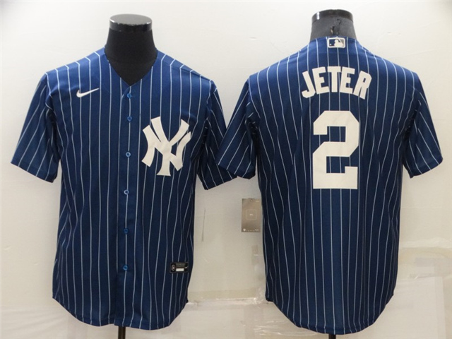 New York Yankees #2 Derek Jeter Blue Pinstripe Cool Base Jersey - Click Image to Close