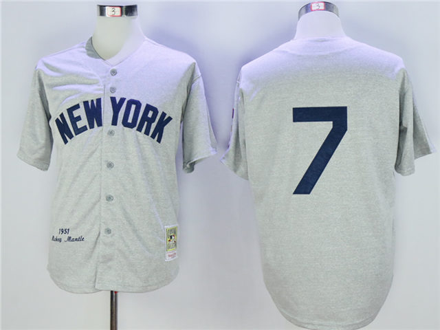 New York Yankees #7 Mickey Mantle Throwback 1952 Road Gray Jersey - Click Image to Close