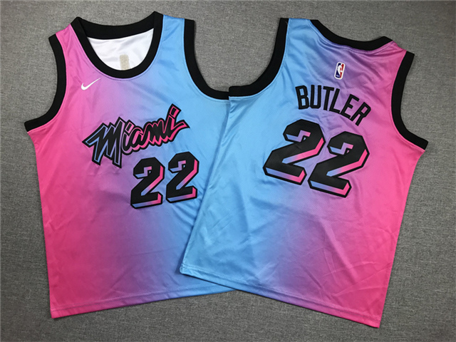 Youth Miami Heat #22 Jimmy Butler Pink/Blue City Edition Swingman Jersey - Click Image to Close