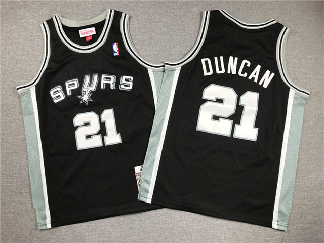 Youth San Antonio Spurs #21 Tim Duncan 1998-99 Black Hardwood Classics Jersey - Click Image to Close